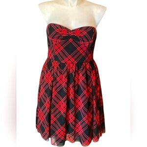 Betsey Johnson Strapless Corset Tulle Buffalo Plaid Red & Black Midi Dress